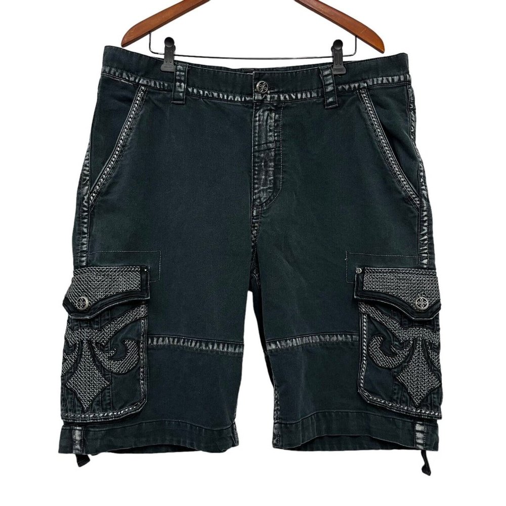 Affliction Black Premium Men's Cargo 12" Shorts Dark Gray Rivets Fleur De Lis 38